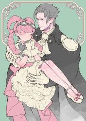 Rule 34 | 1boy, 1girl, ace attorney, alternate costume, ascot, barok van zieks, black bow, black hair, black jacket, blush, bow, carrying, closed eyes, closed mouth, dress, drill hair, eyewear on head, frilled dress, frills, gloves, goggles, goggles on head, grey hair, hair rings, highres, iris wilson, jacket, long hair, long sleeves, noi350, pantyhose, pink bow, pink dress, pink hair, princess carry, scar, scar on face, shoes, short hair, sleeping, smile, standing, the great ace attorney, white ascot, white dress, white footwear, white gloves