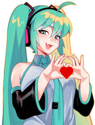 Rule 34 | aqua hair, bad tag, between breasts, breasts, hands up, hatsune miku, heart, looking at viewer, necktie, necktie between breasts, shoulderless, smug, smug smile, tooth sticking out of mouth