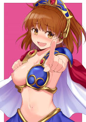 Rule 34 | 1girl, :d, absurdres, ahoge, arle nadja, armor, bad id, bad pixiv id, bare arms, blue skirt, blush, breasts, brown eyes, brown hair, cape, cccpo, cleavage, collarbone, commentary request, embarrassed, foreshortening, hand on own chest, headgear, highres, looking at viewer, medium breasts, navel, nipples, nose blush, one breast out, open mouth, pointing, puyopuyo, red cape, revealing clothes, short hair, shoulder armor, skirt, smile, solo, stomach, sweat, upper body, wavy mouth