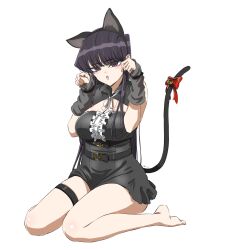 Rule 34 | 1girl, animal ears, barefoot, bell, belt, black belt, black dress, black eyes, black hair, black sleeves, breasts, cat ears, cat tail, cleavage, cleavage cutout, clothing cutout, detached sleeves, dress, fake animal ears, fake tail, feet, full body, highres, komi-san wa komyushou desu, komi shouko, large breasts, long hair, looking at viewer, mitsugu, open mouth, paw pose, short dress, simple background, sitting, solo, tail, tail bell, tail ornament, thigh strap, thighs, wariza, white background