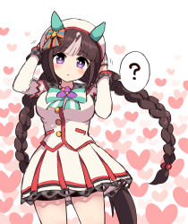 Rule 34 | 1girl, animal ears, bow, braid, breasts, brown hair, buttons, cowboy shot, double-breasted, dress, ear covers, frilled dress, frills, hands on own head, heart, heart background, highres, hokko tarumae (umamusume), horse ears, horse girl, horse tail, large breasts, long hair, long sleeves, looking at viewer, multicolored hair, open mouth, purple eyes, simoyuki, solo, streaked hair, striped, striped bow, tail, twin braids, umamusume, very long hair, white dress, white headwear