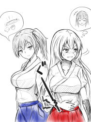 Rule 34 | 10s, 2girls, akagi (kancolle), breasts, clenched teeth, collarbone, commentary request, cover, cover page, cowboy shot, food, frown, gloves, hakama, hakama short skirt, hakama skirt, hand on own stomach, head tilt, hungry, japanese clothes, kaga (kancolle), kantai collection, large breasts, long hair, looking at viewer, looking away, looking to the side, multiple girls, multiple monochrome, rinosama, side ponytail, simple background, single glove, sketch, skirt, smile, speech bubble, spoken food, spot color, stomach growling, sweat, teeth, thought bubble, white background