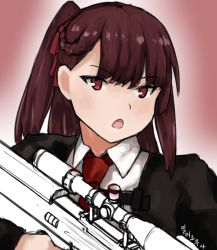 Rule 34 | 1girl, artist request, blazer, blush, braid, bullpup, commentary, formal, french braid, girls&#039; frontline, gun, hair ribbon, jacket, long hair, looking at viewer, necktie, one side up, open mouth, ponytail, red eyes, red hair, ribbon, rifle, shibafu (glock23) (style), shirt, sidelocks, sniper rifle, solo, suit, trigger discipline, very long hair, wa2000 (girls&#039; frontline), walther, walther wa 2000, weapon, white shirt