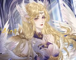 Rule 34 | 1girl, angel wings, artist request, bare shoulders, beads, blue eyes, closed mouth, douluo dalu, earrings, expressionless, gloves, hair ornament, highres, holding, holding wand, jewelry, light rays, looking at viewer, qian renxue (douluo dalu), second-party source, solo, upper body, wand, white gloves, window, wings