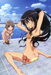 Rule 34 | 2girls, absurdres, adjusting hair, alastor (shakugan no shana), armpits, arms up, ass, barefoot, bikini, black hair, bow, breasts, brown eyes, brown hair, butt crack, cleavage, flat chest, frills, hanging breasts, highres, huge breasts, itou youko, jewelry, large breasts, looking back, mouth hold, multiple girls, nyantype, official art, pendant, pool, poolside, scan, shakugan no shana, shana, side-tie bikini bottom, sitting, swimsuit, wariza, yoshida kazumi
