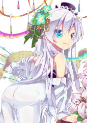 Rule 34 | 1girl, :3, absurdres, arm support, ass, bad id, bad pixiv id, bare shoulders, bent over, blue eyes, canon (nyori), detached sleeves, flower, hair flower, hair ornament, hat, heterochromia, highres, long hair, looking at viewer, nyori, original, red eyes, solo, white background, white hair