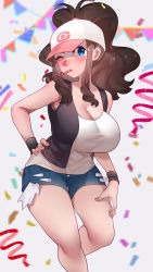 Rule 34 | 1girl, alternate breast size, antenna hair, bad deviantart id, bad id, bare arms, bare legs, bare shoulders, baseball cap, black vest, blue eyes, breasts, brown hair, cleavage, confetti, creatures (company), exposed pocket, feet out of frame, fingernails, game freak, hand on own hip, hat, high ponytail, highres, hilda (pokemon), large breasts, leaning forward, long hair, looking at viewer, nintendo, one eye closed, open clothes, open vest, pokemon, pokemon bw, shirt, short shorts, shorts, sidelocks, sleeveless, sleeveless shirt, solo, sumisumii, vest, white shirt, wristband