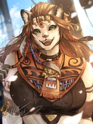 Rule 34 | 1girl, absurdres, animal ears, braid, brown hair, fangs, final fantasy, final fantasy xiv, fishbolls, furry, furry female, highres, hrothgar, lion ears, lion tail, looking at viewer, multiple braids, open mouth, smile, solo, tail, teeth, upper body, upper teeth only, wuk lamat