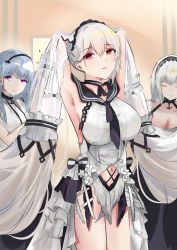 Rule 34 | 3girls, armpits, arms behind head, azur lane, blue hair, breasts, cleavage, closed eyes, closed mouth, dido (azur lane), dress, feet out of frame, formidable (azur lane), formidable (timeless classics) (azur lane), hairband, hand in own hair, large breasts, long hair, looking at viewer, maid, mianbaoren, multiple girls, navel, official alternate costume, purple eyes, red eyes, short hair, silver hair, simple background, sirius (azur lane), smile, standing, twintails, very long hair, white dress