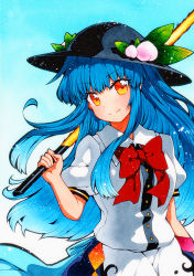 Rule 34 | 1girl, bad id, bad pixiv id, black hat, blouse, blue background, blue bow, blue dress, blue hair, bow, closed mouth, dress, food, fruit, gradient background, hand up, hat, hinanawi tenshi, long hair, looking at viewer, multicolored eyes, peach, puffy short sleeves, puffy sleeves, qqqrinkappp, red eyes, shirt, short sleeves, smile, solo, sword, touhou, traditional media, weapon, white background, white shirt, white sleeves, yellow eyes