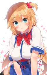 Rule 34 | 1girl, akai haato, akai haato (1st costume), black thighhighs, blonde hair, blue eyes, blue skirt, blush, breasts, closed mouth, collared shirt, commentary request, gyozanuko, hair between eyes, hair ornament, hair ribbon, heart, heart hair ornament, high-waist skirt, highres, hololive, long hair, looking at viewer, medium breasts, neck ribbon, one side up, red ribbon, ribbon, shirt, short sleeves, simple background, skirt, smile, solo, striped ribbon, thighhighs, very long hair, virtual youtuber, white background, white shirt