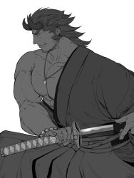 Rule 34 | 1boy, abs, alternate costume, bad id, bad twitter id, bara, cowboy shot, demon boy, demon horns, facial hair, fang, fiery horns, fighting stance, forked eyebrows, from side, greyscale, hair slicked back, hinokumo f, horns, japanese clothes, jewelry, katana, kimono, large pectorals, long sideburns, male focus, medium hair, monochrome, muscular, muscular male, necklace, open clothes, open kimono, pectorals, sheath, sideburns, single bare shoulder, solo, stubble, sword, takemaru (housamo), thick eyebrows, tokyo houkago summoners, unsheathing, weapon