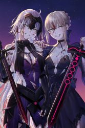 Rule 34 | 2girls, absurdres, ahoge, artoria pendragon (all), artoria pendragon (fate), blonde hair, blood, blood on chest, blood on clothes, blood on face, braid, breasts, dress, excalibur morgan (fate), fate/grand order, fate (series), french braid, hair ornament, hand on another&#039;s shoulder, highres, holding, holding sword, holding weapon, jeanne d&#039;arc (fate), jeanne d&#039;arc alter (avenger) (fate), jeanne d&#039;arc alter (avenger) (third ascension) (fate), jeanne d&#039;arc alter (fate), long hair, looking at viewer, medium breasts, multiple girls, nipi27, reverse grip, saber alter, short hair, silver hair, smile, sword, torn clothes, weapon, yellow eyes