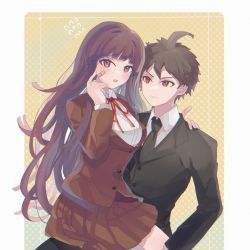 Rule 34 | 1boy, 1girl, absurdres, ahoge, bandaid, bandaid on cheek, bandaid on face, black necktie, black suit, blazer, blush, brown hair, brown jacket, brown skirt, closed mouth, collared shirt, commission, danganronpa (series), danganronpa 3 (anime), formal, hand on another&#039;s shoulder, highres, hinata hajime, hope&#039;s peak academy school uniform, jacket, linch, necktie, open mouth, pixiv commission, pleated skirt, purple eyes, red eyes, red ribbon, ribbon, school uniform, shirt, skirt, suit, teeth, tsumiki mikan, upper teeth only