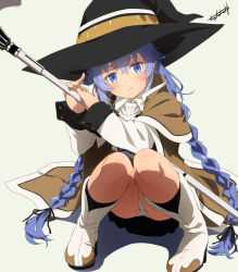 Rule 34 | 1girl, blue eyes, blue hair, boots, braid, brown cloak, cloak, closed mouth, collared shirt, flat chest, full body, hair between eyes, hat, head tilt, highres, holding, holding staff, jacket, looking at viewer, mage staff, mushoku tensei, panties, pantyshot, roxy migurdia, seto tinami, shadow, shirt, signature, smile, solo, squatting, staff, twin braids, underwear, white footwear, white jacket, white panties, white shirt, witch hat