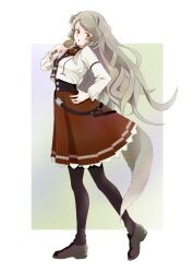 Rule 34 | 1girl, :o, absurdres, animal ear fluff, animal ears, baldric, black corset, black footwear, black pantyhose, blazer, border, breasts, brown eyes, buttons, chicken leg, collared blazer, corset, dog ears, dog girl, dog tail, dress, food, from side, full body, grey hair, hair over shoulder, hand on own hip, highres, holding, holding food, jacket, loafers, long hair, long sleeves, looking at viewer, meat, medium breasts, messy hair, multicolored background, mushoku tensei, open mouth, pantyhose, pleated dress, pursena adoldia, red dress, rora (user vgpk4444), shoes, sidelocks, simple background, solo, swept bangs, tail, very long hair, walking, white blazer (module), white border