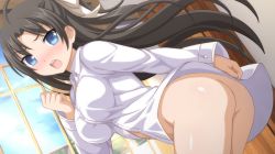Rule 34 | 1girl, ahoge, ass, bent over, black hair, blue eyes, blush, breasts, clenched hand, dutch angle, female focus, game cg, greeze18, hair ribbon, large breasts, long hair, looking at viewer, mieko (sakura swim club), naked shirt, no panties, open mouth, ribbon, sakura swim club, shirt, solo, third-party edit, wanaca, white shirt, window, winged cloud