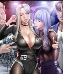 Rule 34 | 2boys, 2girls, breasts, cigarette, cleavage, dr stein (pixiv), highres, looking at viewer, mia (smoking hypnosis), multiple boys, multiple girls, no bra, peace symbol, see-through, see-through shirt, smoke, smoking hypnosis