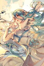 Rule 34 | azura (fire emblem), blue hair, breasts, dress, faithom, fire emblem, fire emblem fates, hair flowing over, highres, long hair, medium breasts, nintendo, open mouth, ribbon, solo, sparkle, veil, very long hair, water, white dress, yellow eyes