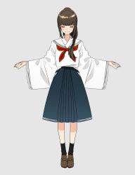Rule 34 | 1girl, absurdres, black socks, blunt bangs, brown footwear, brown hair, closed eyes, closed mouth, facing viewer, full body, furisode, grey background, hair over shoulder, hanatsuki, highres, hip vent, japanese clothes, kimono, loafers, long hair, long sleeves, neckerchief, original, outstretched arms, pleated skirt, ponytail, red neckerchief, school uniform, serafuku, shirt, shoes, sidelocks, simple background, skirt, smile, socks, solo, standing, white shirt, wide sleeves