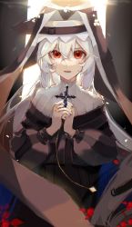 Rule 34 | 1girl, arknights, black dress, cross, crying, crying with eyes open, dress, habit, hair between eyes, hands up, highres, holding, holding cross, jewelry, unworn jewelry, long hair, long sleeves, necklace, unworn necklace, nun, off-shoulder dress, off shoulder, open mouth, own hands clasped, own hands together, parted lips, praying, red eyes, ribbed sweater, silver hair, solo, specter (arknights), sweater, taoer., tears, turtleneck, turtleneck sweater, upper body, white sweater