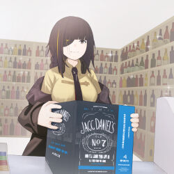 Rule 34 | 1girl, alcohol, black necktie, box, braid, brand name imitation, breasts, brown eyes, brown hair, brown jacket, collared shirt, commentary, english commentary, eyepatch, girls&#039; frontline, highres, holding, holding box, indoors, jack daniel&#039;s, jacket, m16a1 (girls&#039; frontline), medium breasts, mole, mole under eye, multicolored hair, necktie, off shoulder, scar, scar on face, shirt, shop, smile, solo, streaked hair, upper body, vialle, yellow shirt