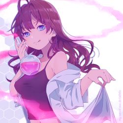 Rule 34 | 1girl, :q, ahoge, bad id, bad twitter id, bare shoulders, blue eyes, bottle, brown hair, english text, flask, french text, hexagon, hexagon background, honeycomb (pattern), honeycomb background, ichinose shiki, idolmaster, idolmaster cinderella girls, lab coat, long hair, looking at viewer, midriff, navel, off shoulder, potion, round-bottom flask, solo, song name, spaghetti strap, tank top, text focus, tongue, tongue out, uso (ameuzaki), wavy hair, white background