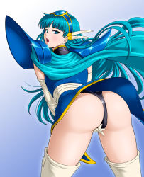 Rule 34 | 1girl, armor, armored dress, ass, bent over, blue background, blue eyes, blue hair, blush, cameltoe, cape, dress, elbow gloves, embarrassed, from behind, gloves, gradient background, hairband, huge ass, leaning, leaning forward, leotard, long hair, looking at viewer, magic knight rayearth, official alternate costume, open mouth, rakusai (saisai garou), rakutoki, ryuuzaki umi, shiny clothes, shiny skin, solo, suggestive fluid, thighhighs, thighs, very long hair, white thighhighs