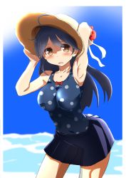 Rule 34 | 10s, 1girl, armpits, black hair, blush, breasts, brown eyes, hat, kantai collection, leaning forward, long hair, looking at viewer, one-piece swimsuit, open mouth, passevo, polka dot, polka dot swimsuit, skirt, solo, sun hat, swimsuit, ushio (kancolle)