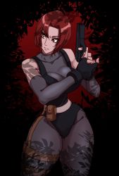 Rule 34 | 1girl, absurdres, belt, belt pouch, black leotard, breasts, capcom, commentary, detached sleeves, dino crisis, english commentary, finger on trigger, gun, handgun, highres, holding, holding gun, holding weapon, large breasts, leotard, looking to the side, nisego, pistol, pouch, red eyes, red hair, regina, regina (dino crisis), solo, spandex, thick thighs, thigh strap, thighs, toned, weapon
