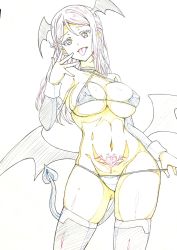 Rule 34 | 1girl, :p, adjusting clothes, adjusting swimsuit, bat wings, bikini, breasts, color trace, commentary, cowboy shot, criss-cross halter, demon tail, detached sleeves, fang, groin, halloween, halloween costume, halterneck, head wings, highres, kotokoto (jumon), large breasts, lineart, long hair, looking at viewer, love live!, love live! sunshine!!, low wings, navel, pubic tattoo, sakurauchi riko, skindentation, solo, standing, string bikini, swept bangs, swimsuit, tail, tattoo, thigh strap, tongue, tongue out, wings