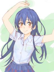 Rule 34 | 10s, 1girl, blue hair, blush, dated, female focus, highres, long hair, looking at viewer, love live!, love live! school idol project, school uniform, shirt, signature, simple background, sketch, skirt, smile, solo, sonoda umi, tanaka yuuichi, uniform, yellow eyes