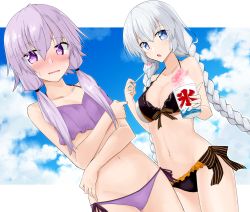 Rule 34 | 2girls, bikini, black bikini, blue eyes, blue sky, blush, braid, breasts, cloud, cloudy sky, commentary, crossed arms, day, dutch angle, embarrassed, food, frilled bikini, frills, front-tie bikini top, front-tie top, frown, giving, hair tie, highres, holding, holding spoon, kizuna akari, long hair, looking at viewer, low twintails, medium breasts, multiple girls, navel, open mouth, outdoors, outside border, purple bikini, purple eyes, purple hair, religious offering, sena kizahashi, shaved ice, side-tie bikini bottom, silver hair, sky, small breasts, spoon, standing, sweatdrop, swimsuit, twin braids, twintails, voiceroid, yuzuki yukari