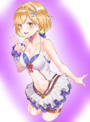 Rule 34 | 1girl, absurdres, bad id, bad twitter id, bare shoulders, blonde hair, bow, breasts, collarbone, djeeta (granblue fantasy), djeeta (summer) (granblue fantasy), frilled swimsuit, frills, granblue fantasy, hair ornament, hairband, halterneck, highres, looking at viewer, medium breasts, ohihil, open mouth, short hair, swimsuit, thigh strap, v