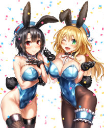 Rule 34 | 2girls, adapted costume, animal ears, atago (kancolle), beret, black gloves, black hair, black legwear, blonde hair, blue hat, blue leotard, blush, breasts, bridal garter, cowboy shot, detached collar, fake animal ears, fishnet pantyhose, fishnets, gloves, green eyes, hand on own chest, hat, highleg, highleg leotard, kantai collection, large breasts, leotard, long hair, looking at viewer, mika (1020mk), multiple girls, one eye closed, open mouth, pantyhose, playboy bunny, rabbit ears, rabbit tail, red eyes, short hair, smile, strapless, strapless leotard, tail, takao (kancolle), thighhighs, white background, wrist cuffs
