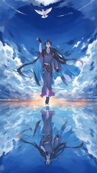 Rule 34 | 1boy, akutagawa ryuunosuke (bungou to alchemist), antenna hair, arm at side, arm up, ascot, belt, bird, black cape, black footwear, black gloves, black hair, blue eyes, blue sky, brooch, bungou to alchemist, cape, closed eyes, cloud, different reflection, dove, fingerless gloves, full body, gears, gloves, grey kimono, hair between eyes, hand on own chest, highres, japanese clothes, jewelry, kimono, lapel pin, looking at animal, looking up, low ponytail, male focus, multiple belts, parted lips, partially fingerless gloves, reflection, ripples, sachicoxx, shirt, sky, solo, standing, standing on liquid, sunrise, two-sided fabric, water, white ascot, white shirt