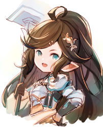 Rule 34 | 1girl, ahoge, aqua eyes, brown hair, granblue fantasy, hammer, harvin, holding, holding weapon, meito (maze), open mouth, pointy ears, polaris (granblue fantasy), smile, solo, swept bangs, weapon, white background