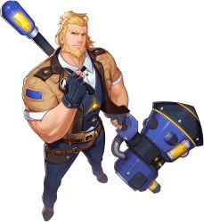 Rule 34 | 1boy, artist request, bara, beard, blonde hair, bulge, facial hair, formal, gyee, highres, holding, holding weapon, huge weapon, jacket, male focus, mallet, medium hair, muscular, muscular male, official art, open clothes, open jacket, pectorals, peter (gyee), solo, transparent background, weapon