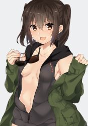 Rule 34 | 1girl, :d, black hair, breasts, brown eyes, grey background, hair between eyes, holding, hood, hoodie, jacket, kantai collection, looking at viewer, navel, no bra, open clothes, open jacket, open mouth, sendai (kancolle), sidelocks, simple background, sleeveless, small breasts, smile, solo, sunglasses, sunglasses removed, twintails, two side up, upper body, yuzuttan, zipper