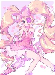Rule 34 | 1girl, :o, bad id, bad twitter id, bare shoulders, big hair, blonde hair, blue eyes, bow, closed umbrella, dress, drill hair, earrings, eyepatch, feet out of frame, finger to cheek, hair bow, hand up, harime nui, heart, heart earrings, highres, huge bow, jewelry, kill la kill, long hair, looking at viewer, lovely ummm, pink bow, pink umbrella, sitting, solo, strapless, strapless dress, twin drills, twintails, umbrella, very long hair, wrist cuffs