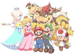 Rule 34 | 2girls, 5boys, ^ ^, aqua dress, arm around shoulder, armlet, arms up, bandana, bare shoulders, blonde hair, blue eyes, blue pants, blue vest, blush, bowser, bowser jr., bracelet, bright pupils, brothers, brown footwear, brown hair, buttons, claws, closed eyes, closed mouth, collar, crown, dress, earrings, eyelashes, facial hair, fang, father and son, floating, frilled sleeves, frills, full body, gem, gloves, green headwear, green shirt, hair over one eye, hands up, happy, hat, horns, hoshikuzu pan, jewelry, jumping, long hair, long sleeves, looking at another, looking at viewer, looking down, luigi, luma (mario), mario, mario (series), mario day, multiple boys, multiple girls, mustache, nintendo, off-shoulder dress, off shoulder, one eye covered, open clothes, open mouth, open vest, overalls, pants, parted bangs, parted lips, pink dress, princess peach, puffy short sleeves, puffy sleeves, red eyes, red hair, red headwear, red shirt, rosalina, sharp teeth, shell, shirt, shoes, short hair, short sleeves, siblings, simple background, smile, sphere earrings, spiked armlet, spiked bracelet, spiked collar, spiked shell, spiked tail, spikes, standing, star (symbol), star earrings, swept bangs, tail, teeth, toad (mario), turtle shell, v-shaped eyebrows, vest, white background, white bandana, white gloves, white pupils, wide sleeves