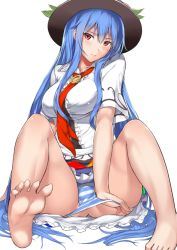 Rule 34 | 1girl, bad id, bad pixiv id, barefoot, blue hair, blush, breasts, embarrassed, feet, female focus, hat, hinanawi tenshi, large breasts, long hair, looking at viewer, neropaso, panties, panty pull, red eyes, sidelocks, simple background, sitting, sketch, soles, solo, spread legs, spread toes, striped clothes, striped panties, toes, touhou, underwear, very long hair, white background