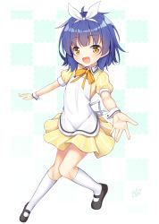 Rule 34 | 1girl, :d, artist name, blue hair, checkered background, commentary request, dress, fang, full body, gochuumon wa usagi desu ka?, hair ribbon, hairband, jouga maya, kneehighs, looking at viewer, neck ribbon, open mouth, outstretched arms, puffy short sleeves, puffy sleeves, ribbon, shoes, short hair, short sleeves, simple background, smile, socks, solo, white socks, win opz, wrist cuffs, yellow eyes