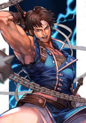 Rule 34 | 1boy, blue eyes, blurry, brown hair, castlevania (series), castlevania: rondo of blood, depth of field, hairband, holding, holding weapon, hungry clicker, lightning, looking at viewer, male focus, muscular, muscular male, open mouth, richter belmont, short hair, solo, spikes, torn clothes, torn sleeves, upper body, v-shaped eyebrows, weapon, white hairband