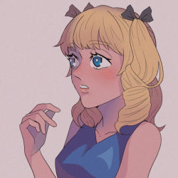 Rule 34 | 1boy, androgynous, arm up, bare arms, bare shoulders, black bow, blonde hair, blue dress, blue eyes, blush, bow, collarbone, crossdressing, dress, eyebrows, eyelashes, grey background, hair ornament, highres, looking to the side, male focus, parted lips, queen (band), roger taylor, simple background, solo