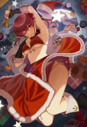 Rule 34 | 1girl, absurdres, bell, bikini, black footwear, blush, breasts, christmas, cleavage, finger to mouth, fingerless gloves, food, fruit, gift, gloves, gold trim, hair ribbon, handbell, hat, highres, hololive, houshou marine, large breasts, long hair, looking at viewer, mandarin orange, one eye closed, red eyes, red hair, red ribbon, ribbon, santa bikini, santa costume, santa hat, smile, solo, star (symbol), stuffed animal, stuffed toy, swimsuit, teddy bear, twintails, underboob, virtual youtuber, wrist cuffs, yukinashi