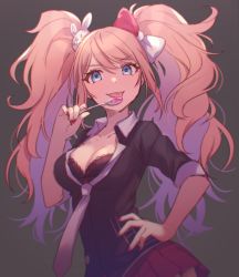 Rule 34 | 10s, 1girl, blood, blouse, blue eyes, breasts, cleavage, collared shirt, cowboy shot, danganronpa (series), enoshima junko, fingernails, from side, grey background, hair between eyes, hair ornament, hand on own hip, large breasts, licking, long fingernails, long hair, miniskirt, nail polish, necktie, parted bangs, rabbit hair ornament, red nails, shirt, simple background, skirt, sleeves rolled up, smile, solo, spoilers, spoon, standing, tomari (veryberry00), twintails, v-shaped eyebrows, wavy hair, white necktie, white shirt