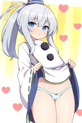 Rule 34 | 1girl, :/, blue eyes, blue skirt, border, bow, bow panties, breasts, cameltoe, clothes lift, commentary request, cowboy shot, dot nose, grey hair, hair between eyes, hat, heart, highres, japanese clothes, kariginu, lifted by self, light blush, long sleeves, looking at viewer, medium hair, mononobe no futo, panties, pom pom (clothes), ponytail, ribbon-trimmed sleeves, ribbon trim, rizento, skirt, skirt lift, small breasts, solo, striped background, sweatdrop, tate eboshi, thighs, touhou, underwear, upskirt, white border, white panties, wide sleeves, yellow background