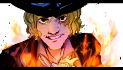 Rule 34 | 1boy, ascot, black eyes, black hat, commentary, fire, goggles, goggles on headwear, hat, highres, letterboxed, looking at viewer, male focus, mishailla, one piece, sabo (one piece), scar, scar across eye, scar on face, signature, smile, solo, teeth, top hat