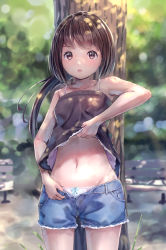 Rule 34 | 1girl, bare shoulders, blurry, blurry background, bow, bow panties, brown eyes, brown hair, brown shirt, clothes lift, collarbone, cowboy shot, day, denim, denim shorts, highres, kyon (kyouhei-takebayashi), lifted by self, long hair, looking at viewer, navel, open mouth, original, outdoors, panties, park, shirt, shirt lift, shorts, sleeveless, sleeveless shirt, solo, standing, tree, underwear, unzipped, white panties